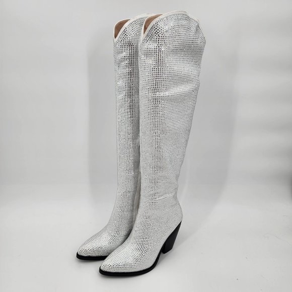AZALEA WANG Nash Crystal Knee High Cowboy Boots White 6-10 NWT - Picture 5 of 12